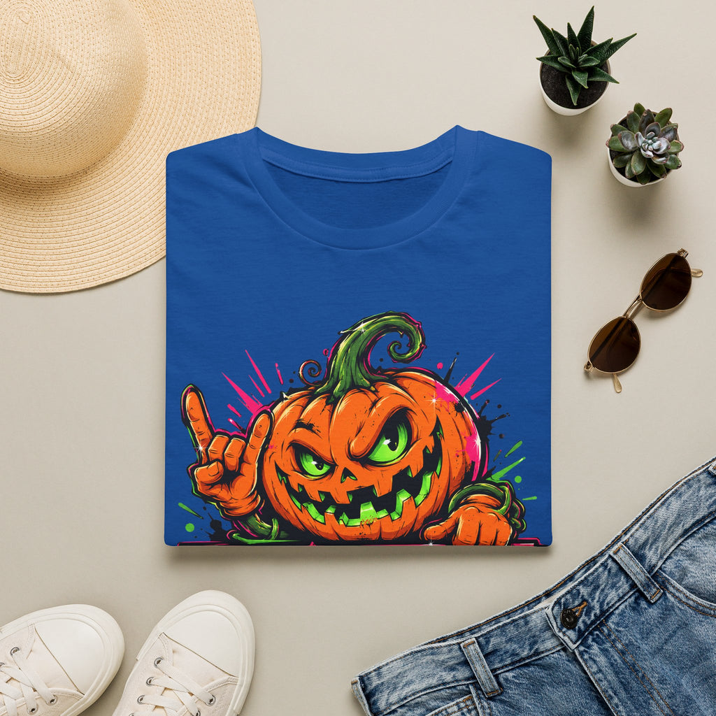 Royal blue short-sleeve T-shirt with colorful spooky jack-o-lantern graphic on chest
