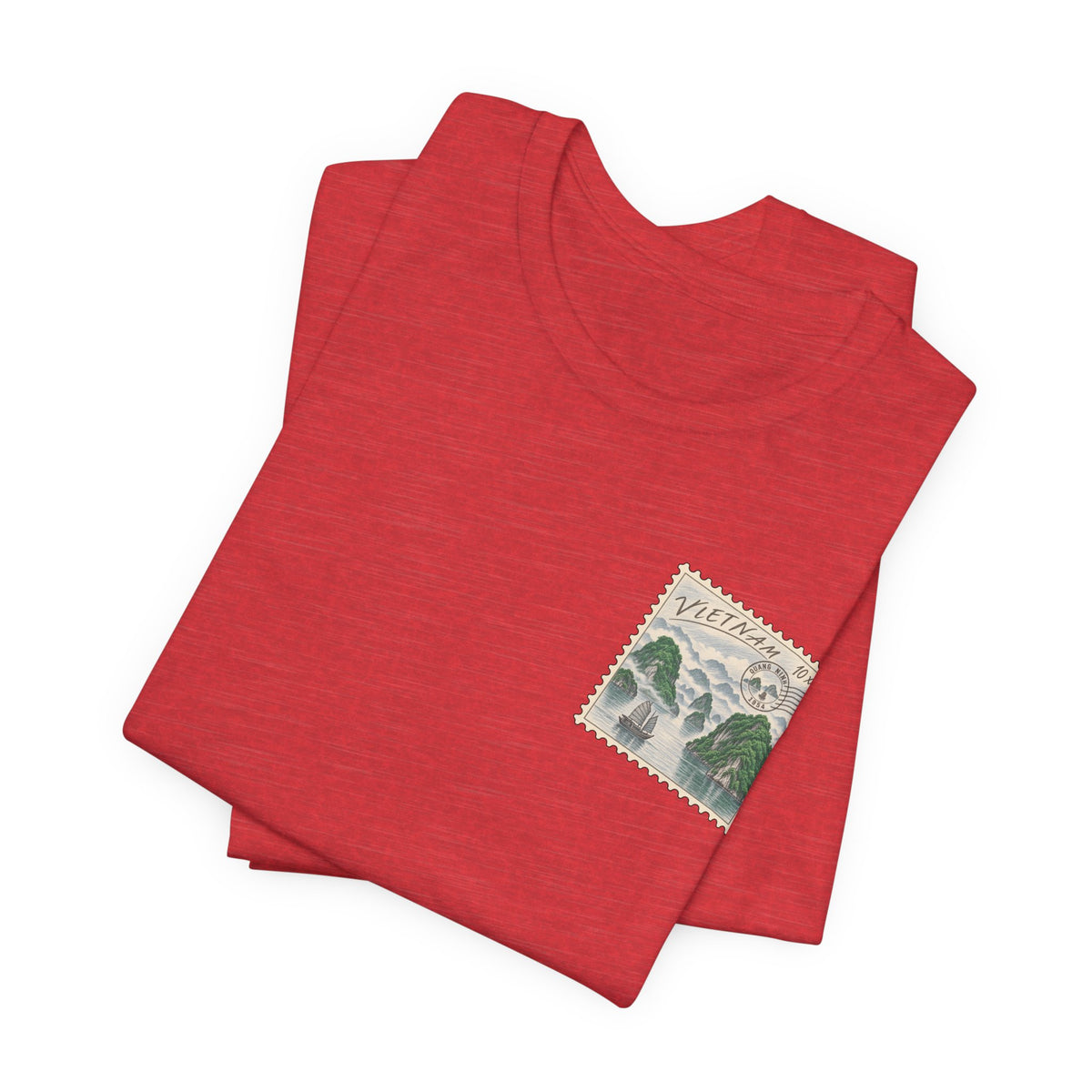 Red travel t-shirt with Vietnam postage-stamp graphic on chest
