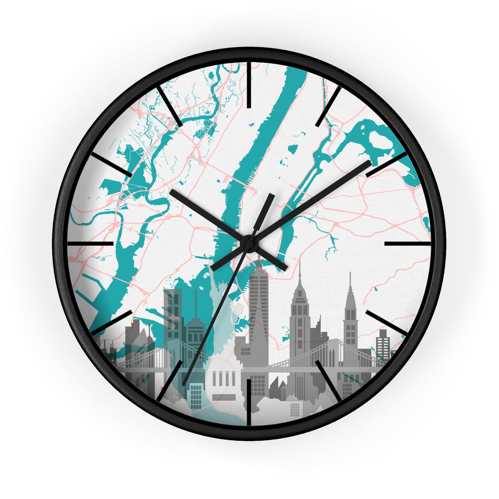 City skyline map wall clock with teal river background and black hands, black frame