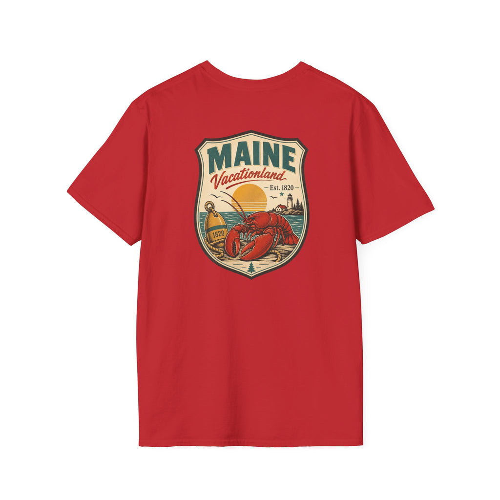 Red Maine graphic T-shirt with shield logo and lobster artwork on chest