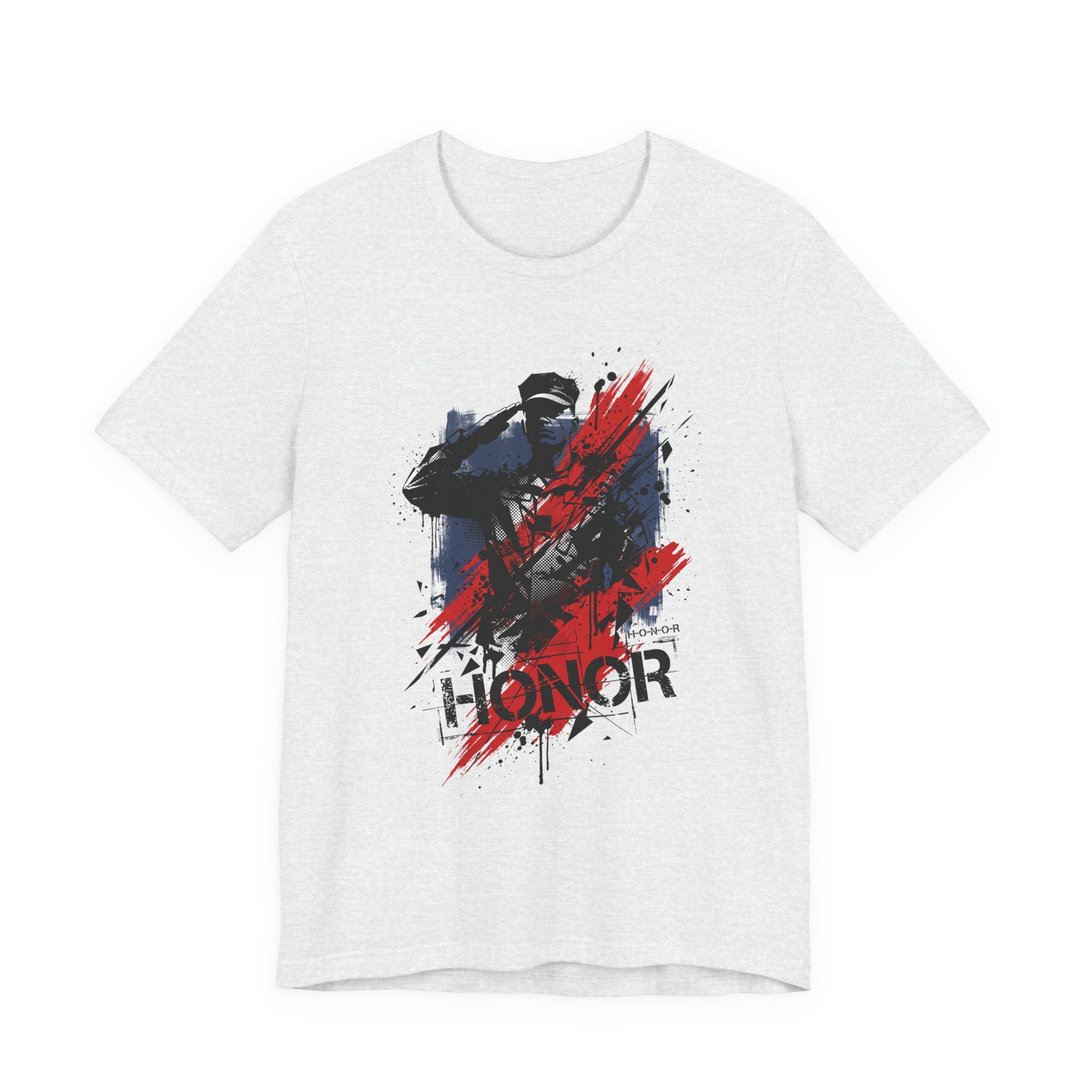 Heather gray t-shirt with 'HONOR' soldier graphic in red, white, and blue