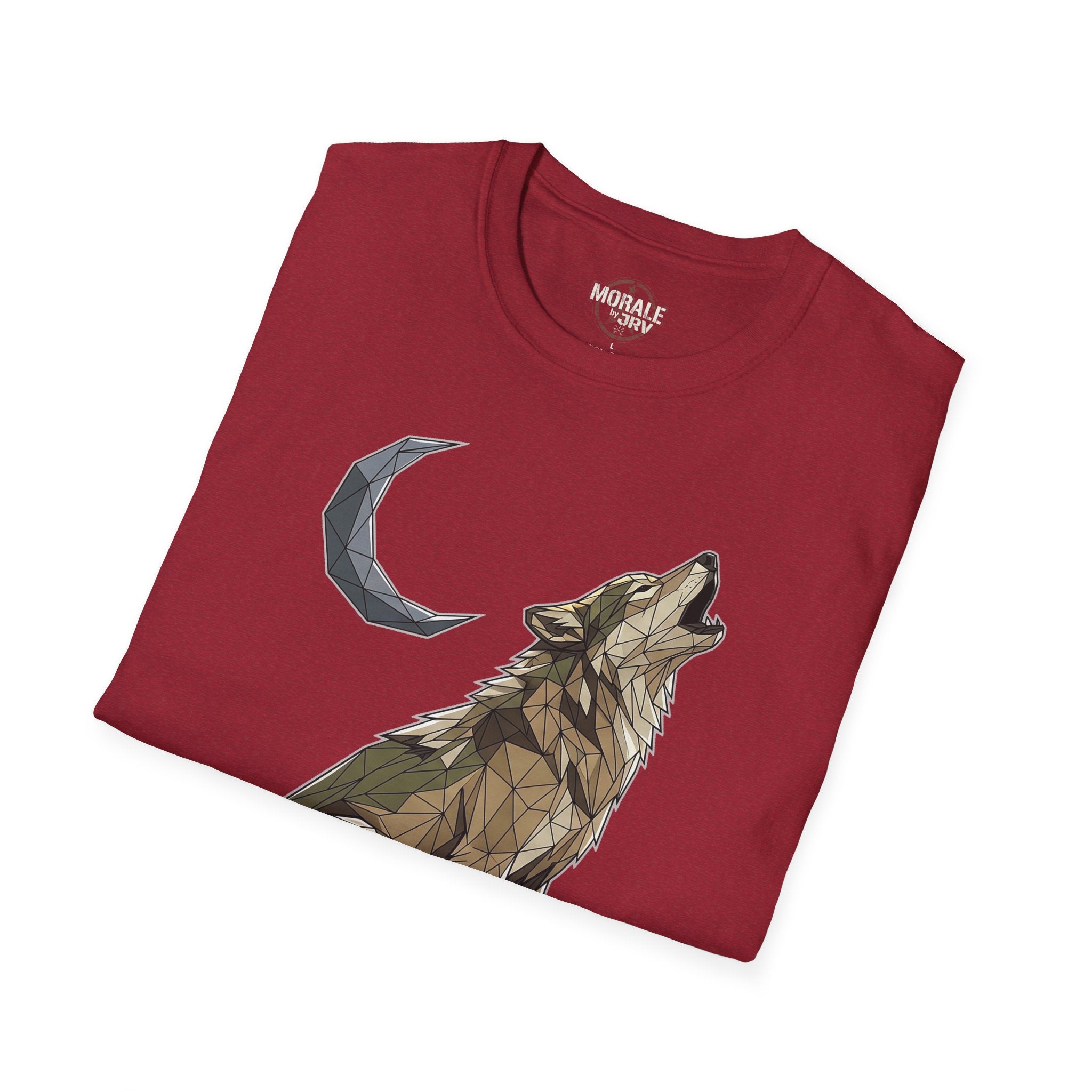 Antique cherry red T-shirt with geometric howling wolf and crescent moon graphic