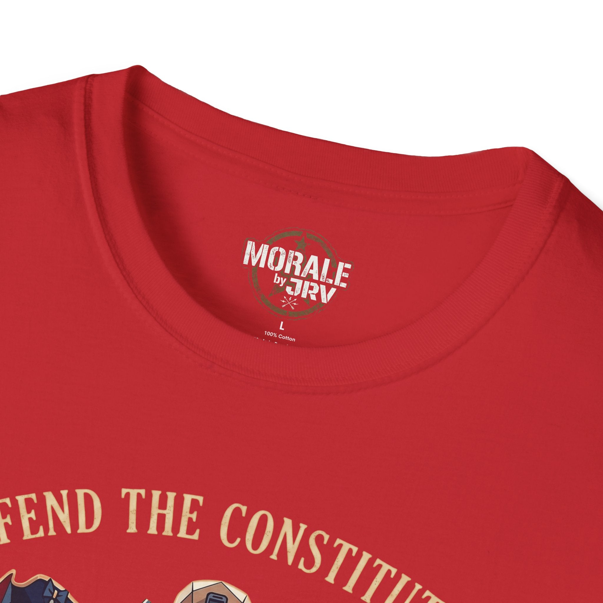 Red crew-neck T-shirt close-up of Morale by JRl logo