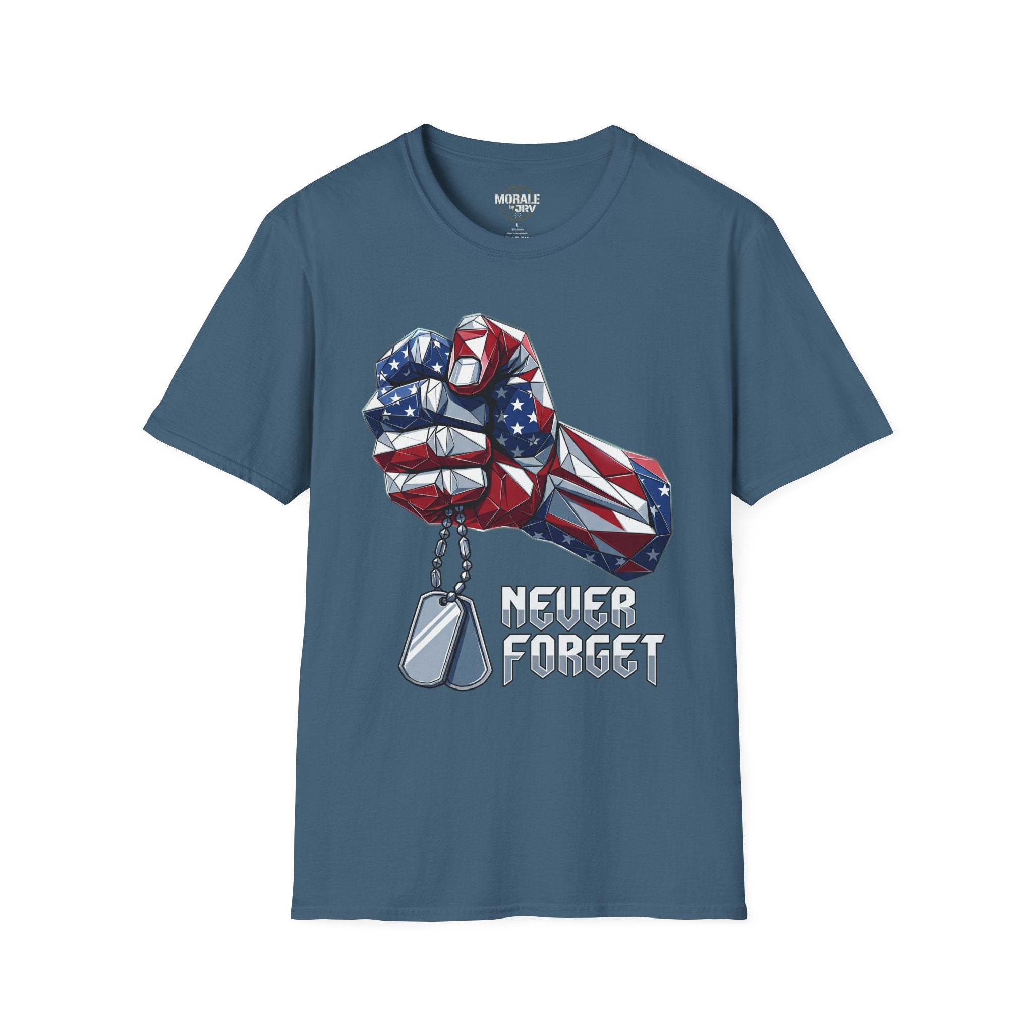 Steel blue T-shirt with patriotic fist graphic, dog tags, and “Never Forget”