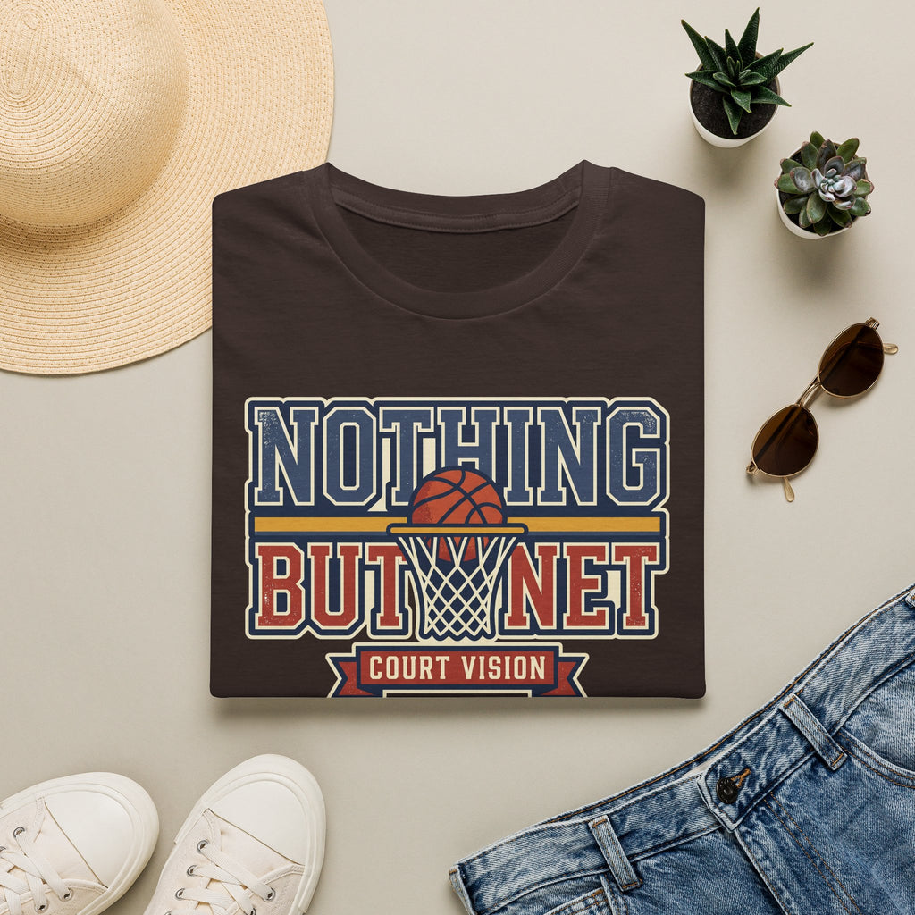 Dark brown basketball T-shirt with “Nothing But Net” court vision graphic on front.