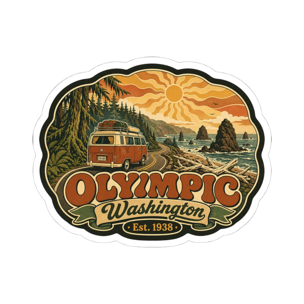 Die-cut sticker with white border showing vintage camper, coastal scenery, “Olympic Washington”, Est. 1938
