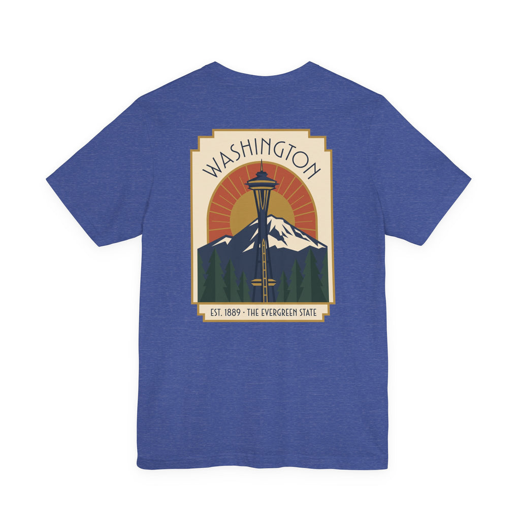 True royal blue t-shirt with Washington Space Needle art deco graphic on front