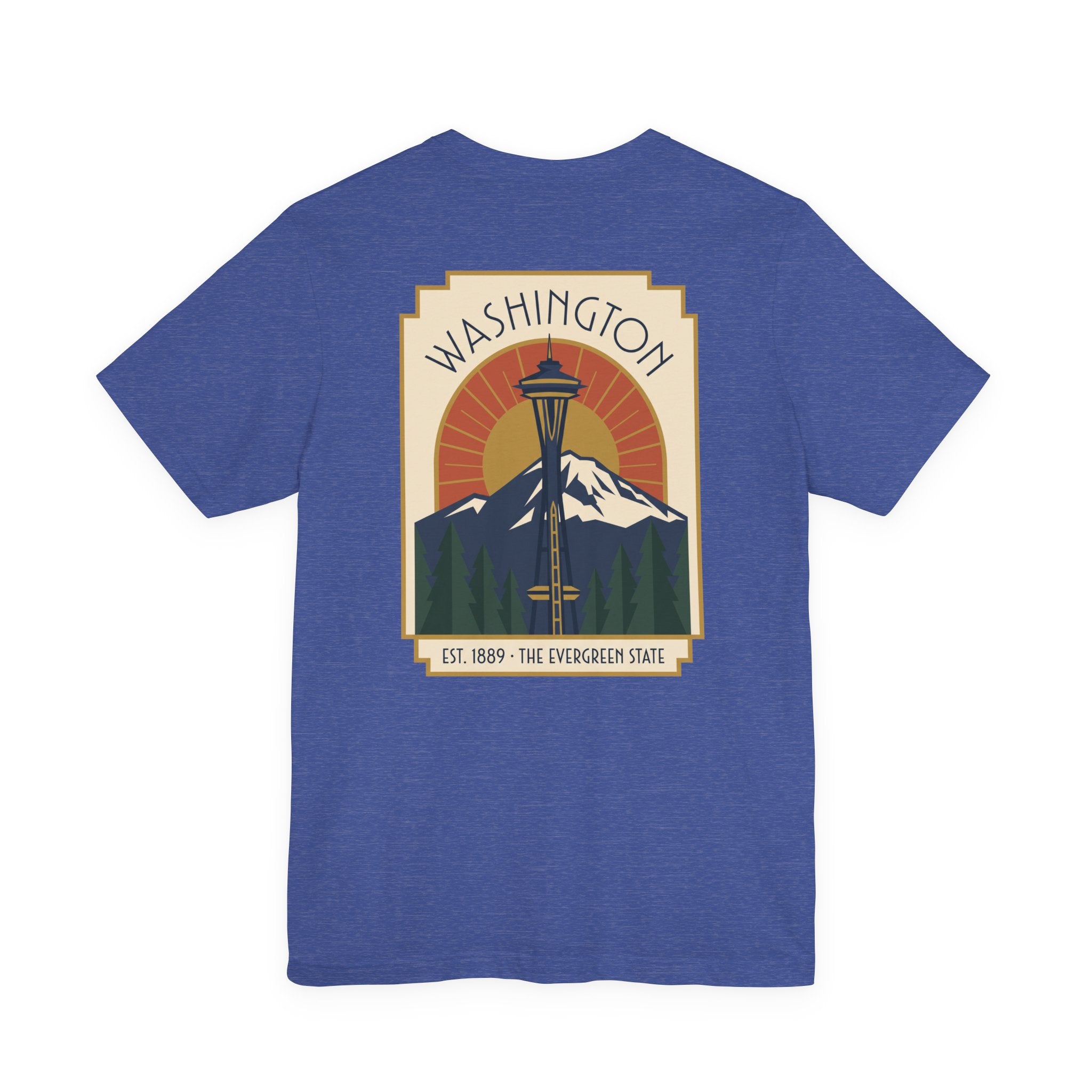 True royal blue t-shirt with Washington Space Needle art deco graphic on front