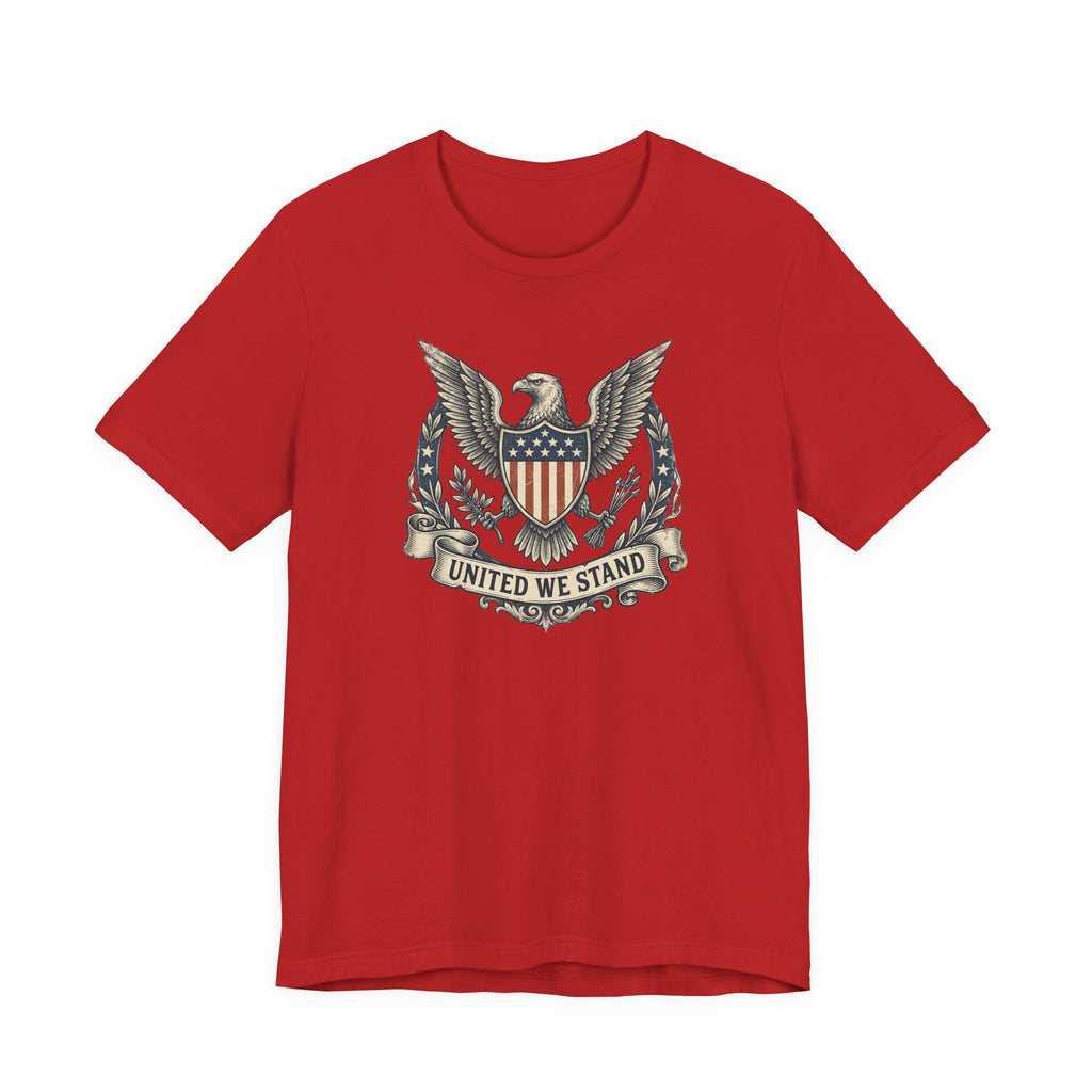 Red T-shirt with eagle shield crest and laurel graphic centered on the chest