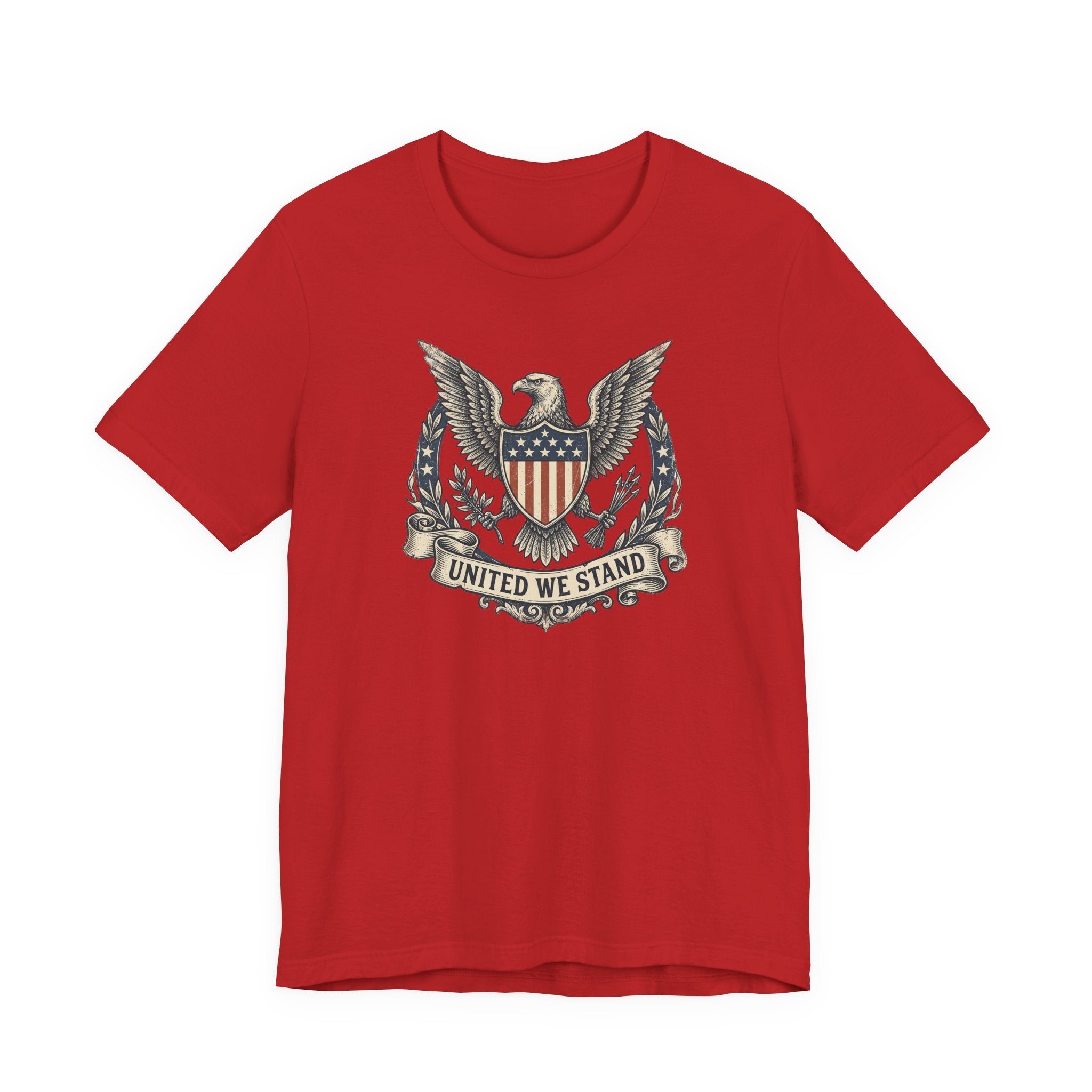 Red T-shirt with eagle shield crest and laurel graphic centered on the chest