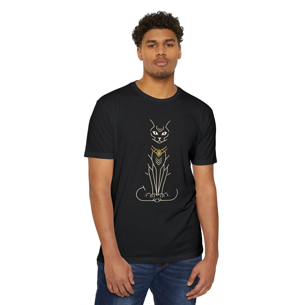Black short-sleeve T-shirt with cat illustration graphic, neon line detail.