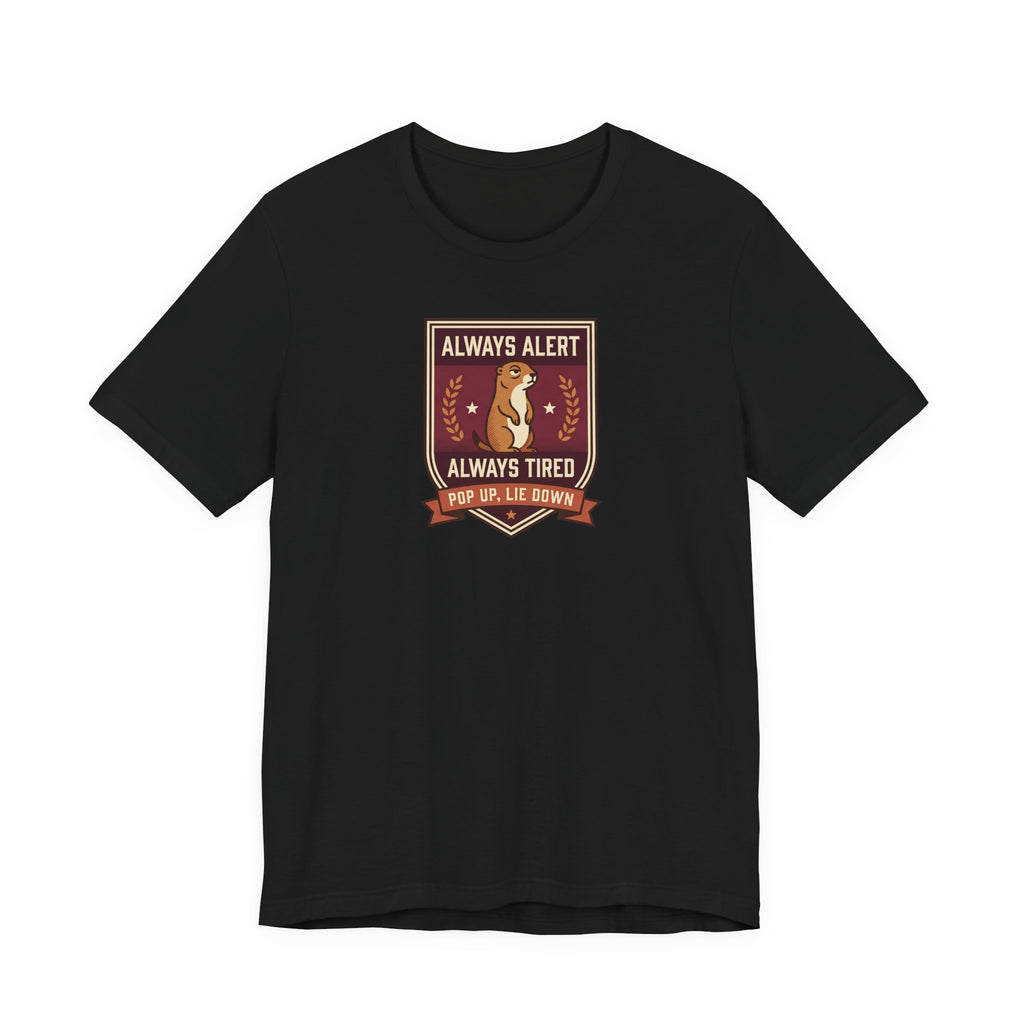 Black T-shirt with squirrel crest badge graphic and “Always Alert Always Tired” text