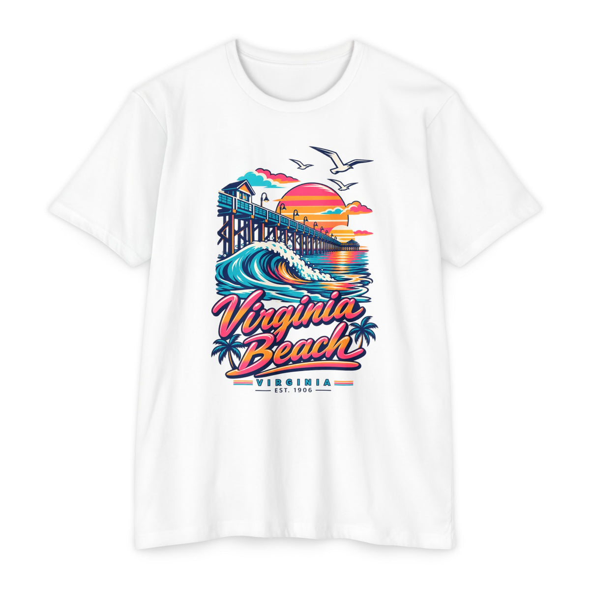White t-shirt with Virginia Beach pier wave graphic and flying seagulls