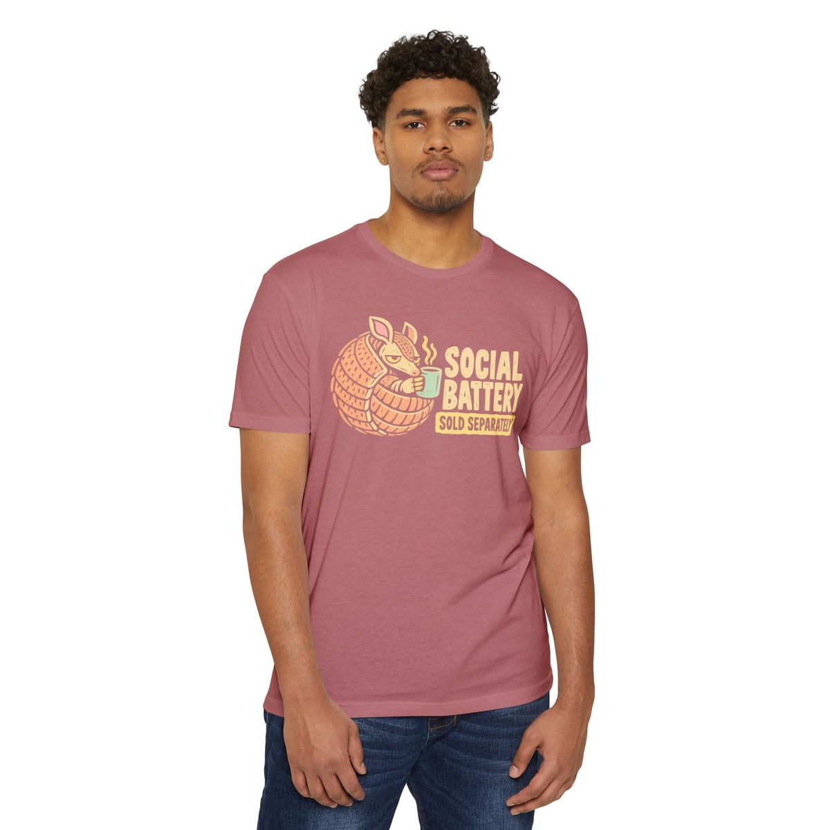 Rose crew-neck t-shirt with armadillo “Social Battery” graphic on the chest