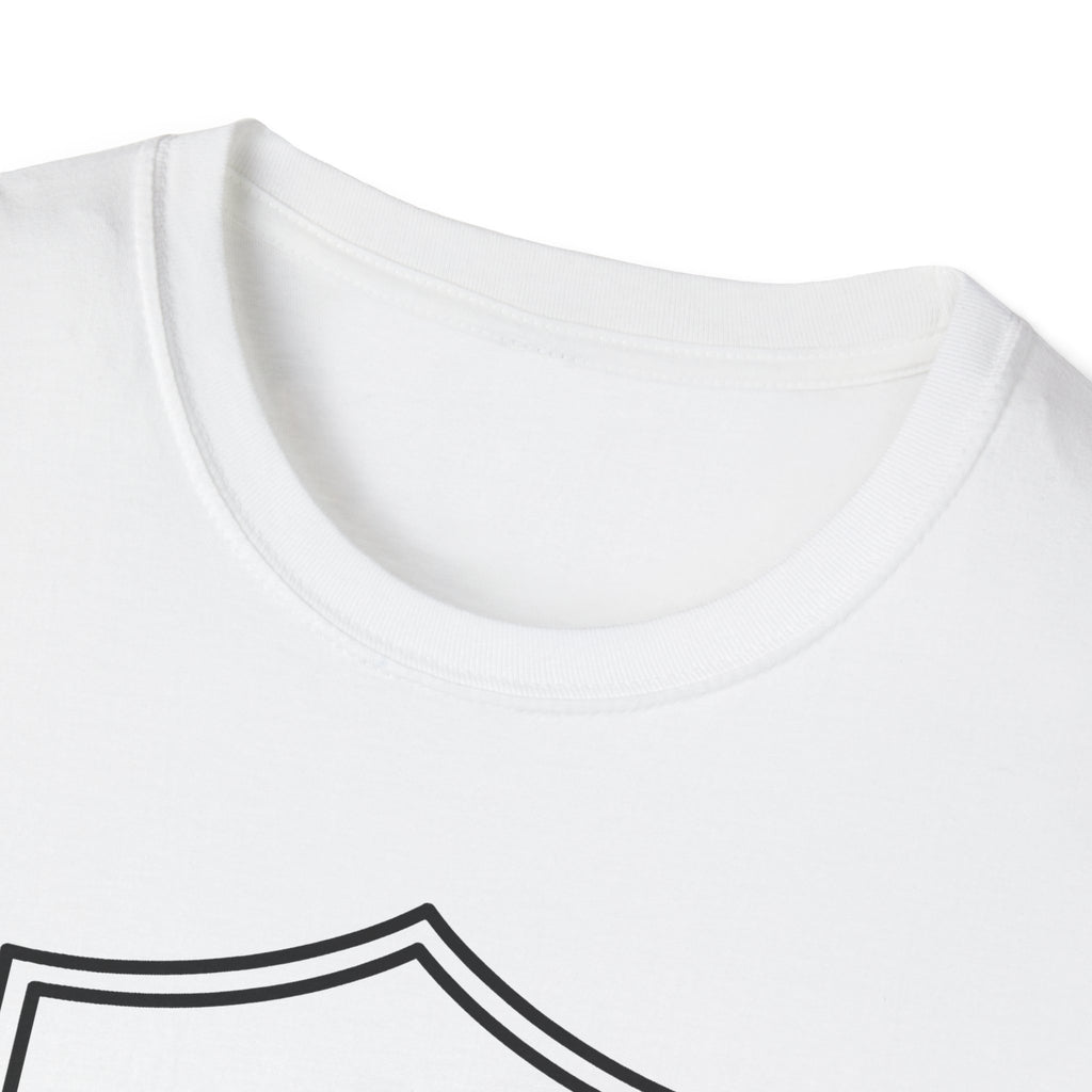 White T-shirt crew neck close-up with partial camera graphic visible