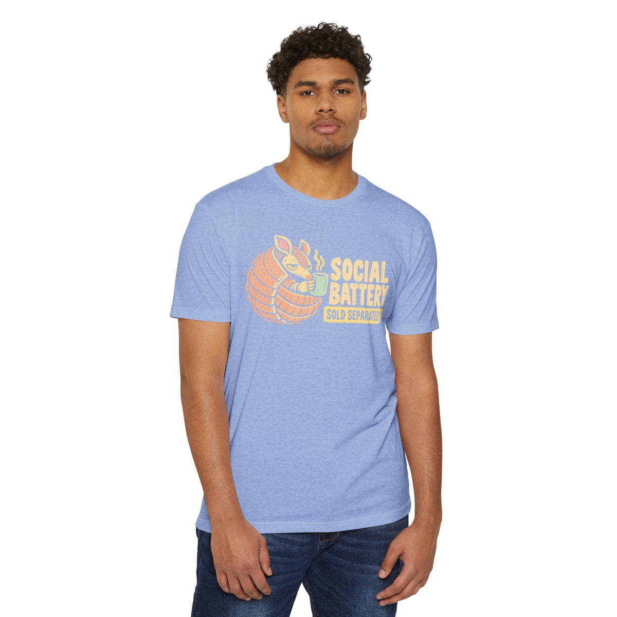 Light blue crewneck T-shirt with orange armadillo graphic and 'SOCIAL BATTERY' text