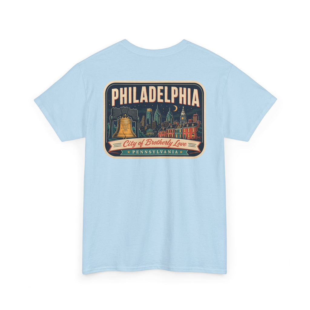 Light blue T-shirt with Philadelphia skyline luggage-tag graphic patch