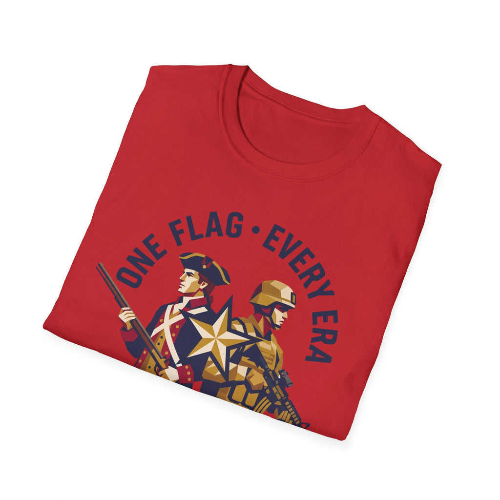 Red crew-neck t-shirt with ONE FLAG • EVERY ERA soldier graphic