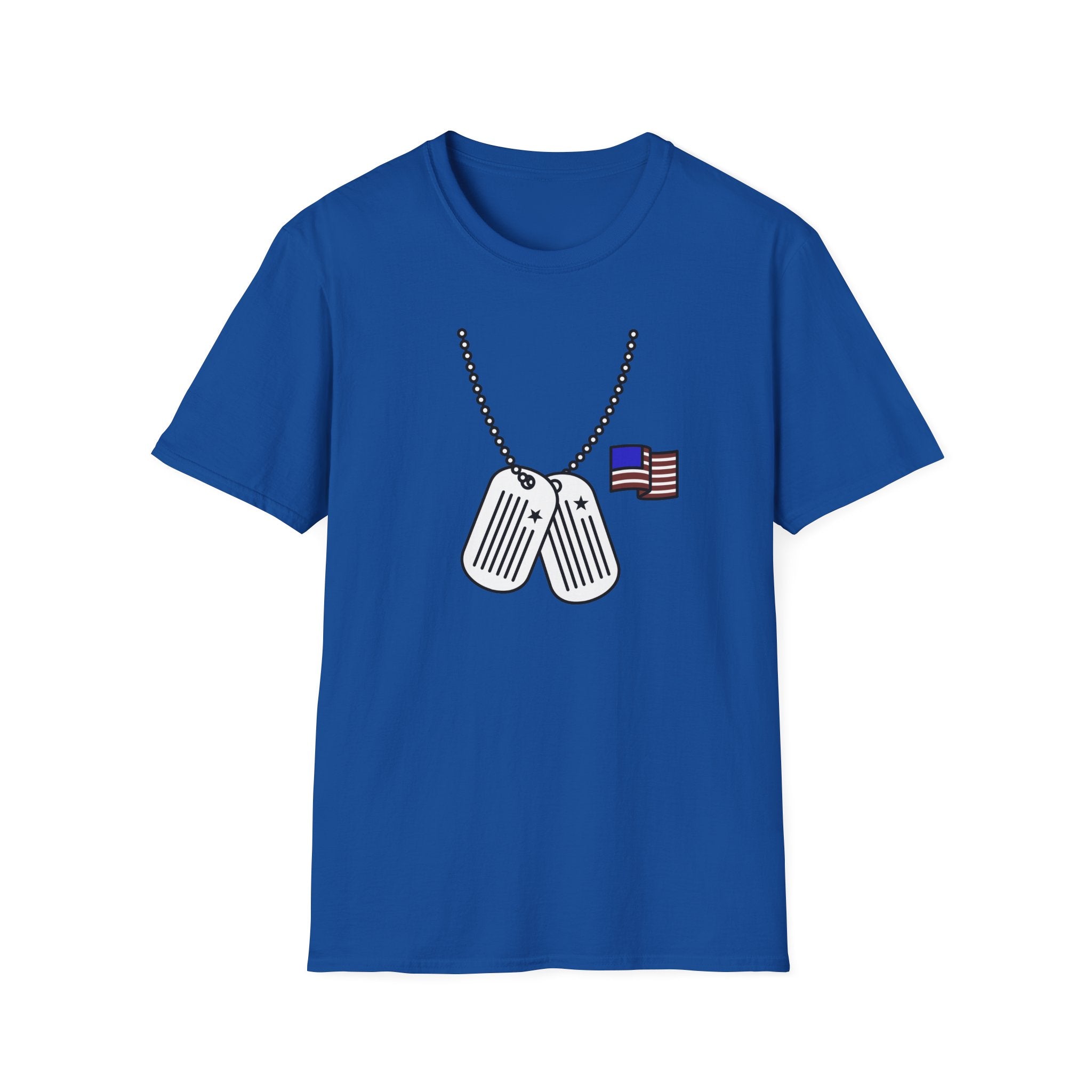 Royal blue T-shirt with dog tag chest graphic and American flag