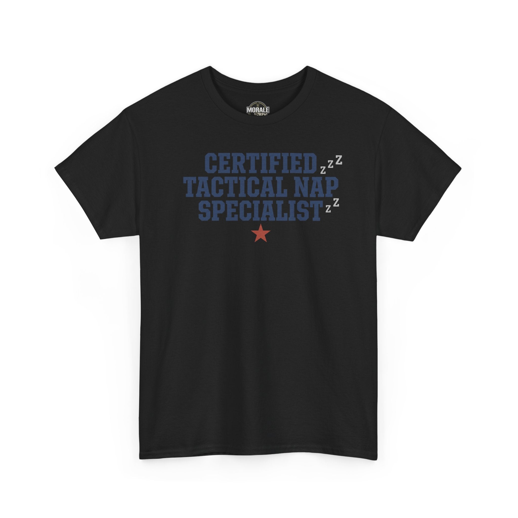 Black tactical nap specialist tee with “Certified Tactical Nap Specialist” graphic and star
