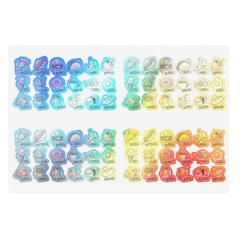 Holographic die-cut food icon sticker sheet: pizza, burger, taco, peel, sushi