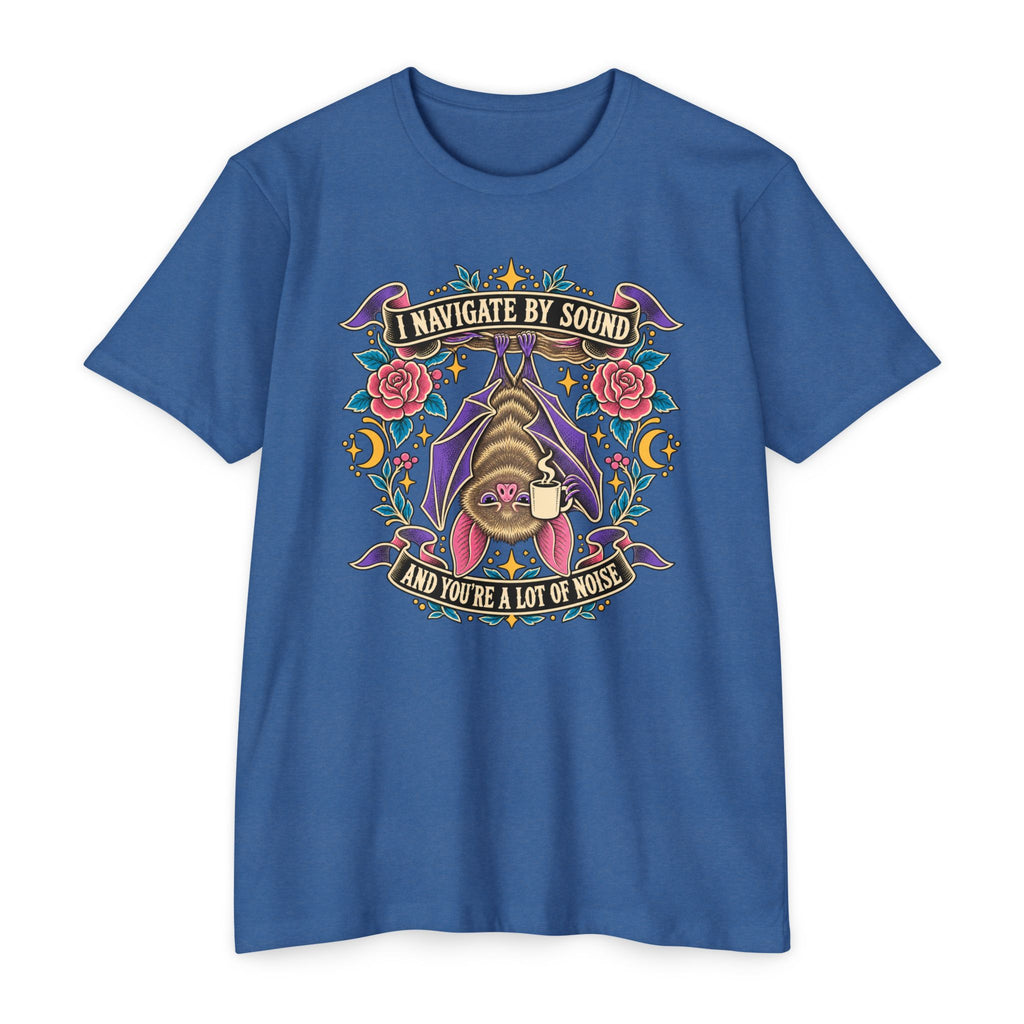 Blue crew-neck T-shirt with colorful bat and floral graphic at center chest