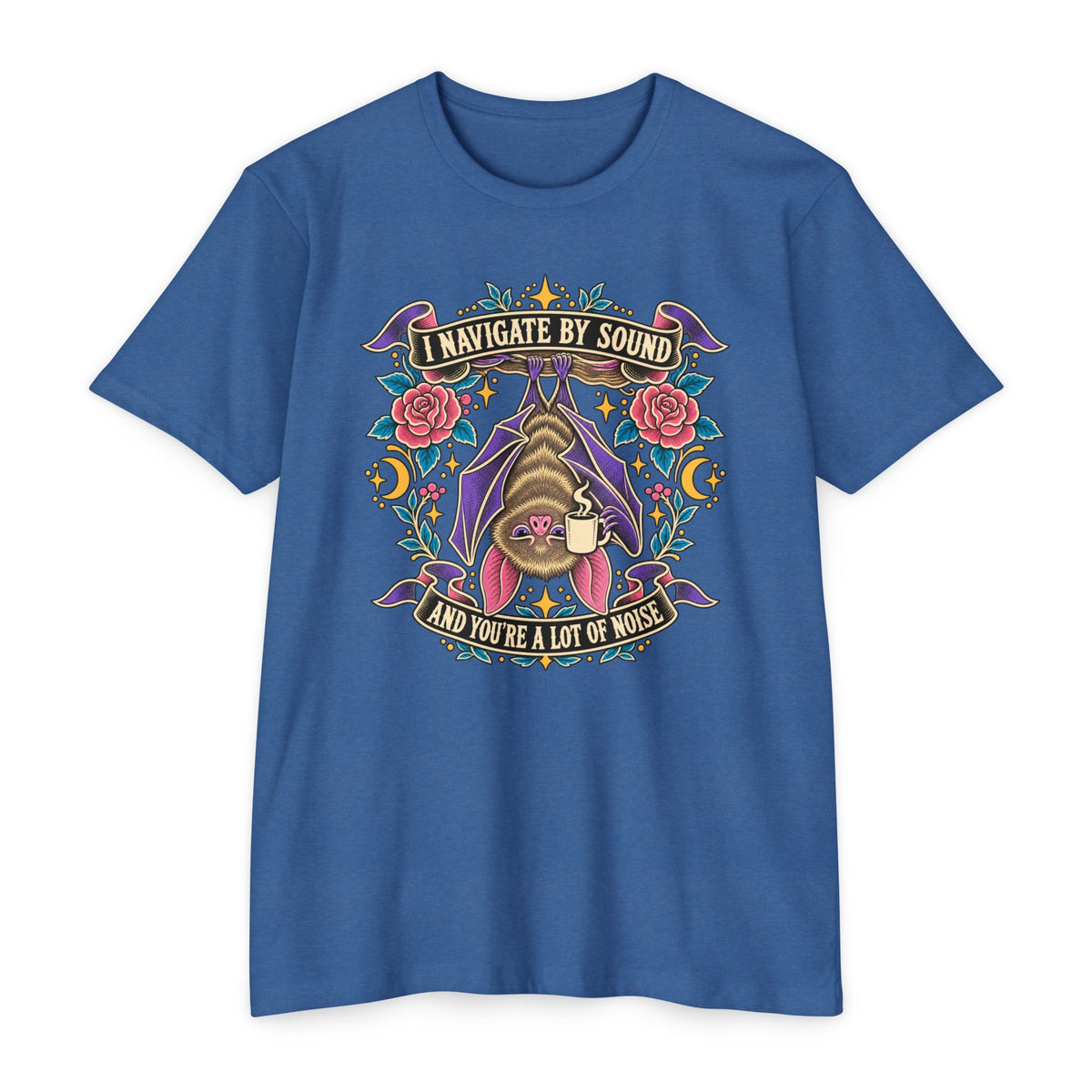 Blue crew-neck T-shirt with colorful bat and floral graphic at center chest