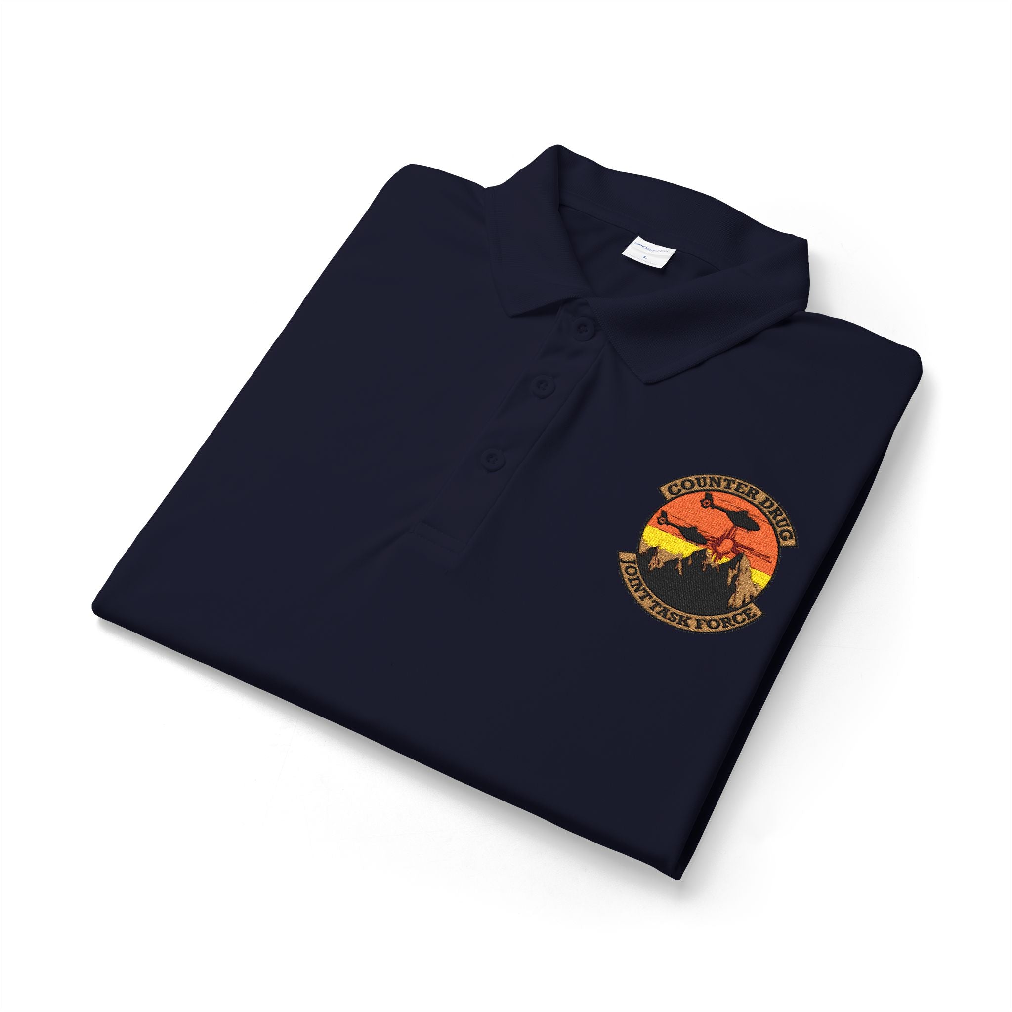 Navy polyester polo shirt folded with embroidered chest logo and button placket