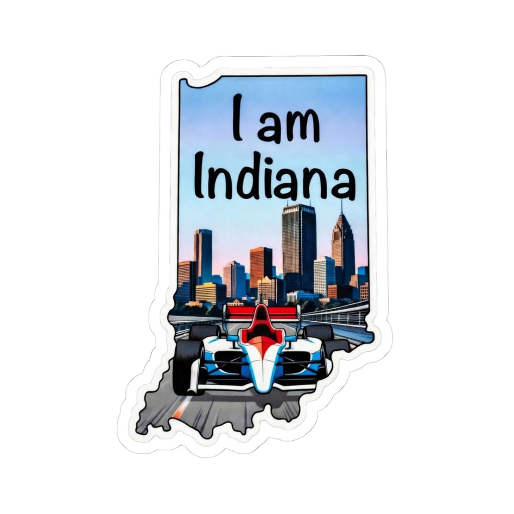 I Am Indiana sticker with “I am Indiana” text and skyline, white outline