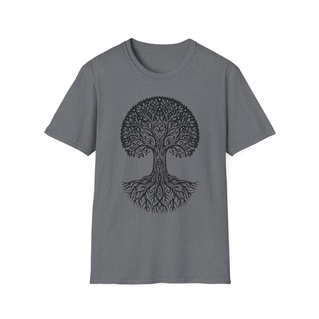 Tree of Life T-shirt, dark gray; large tree of life graphic at the chest with roots