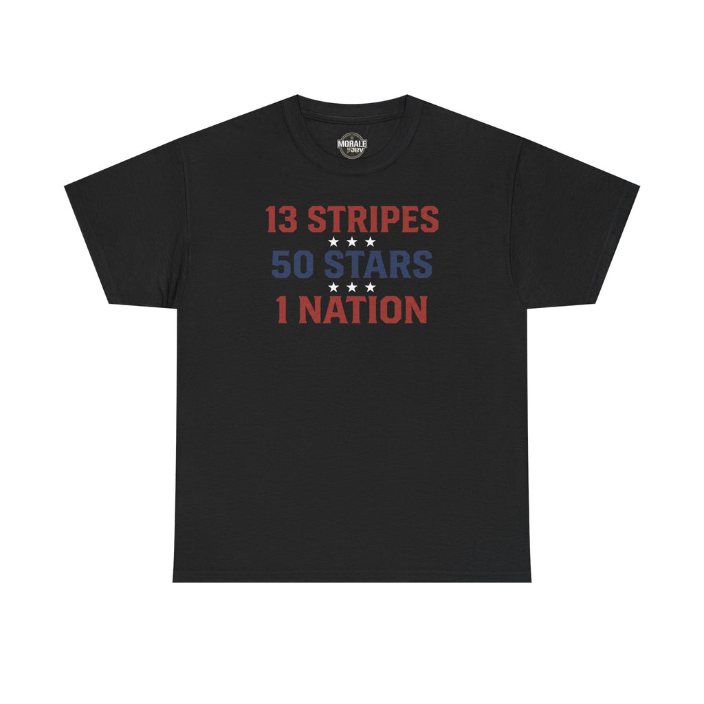 Black crewneck T-shirt, front text '13 STRIPES 50 STARS 1 NATION'
