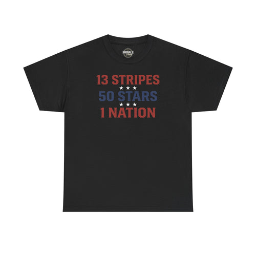 Black crewneck T-shirt, front text '13 STRIPES 50 STARS 1 NATION'