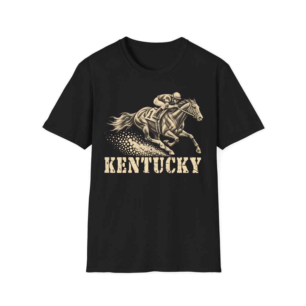 Black t-shirt with jockey on galloping racehorse and 'KENTUCKY' graphic print