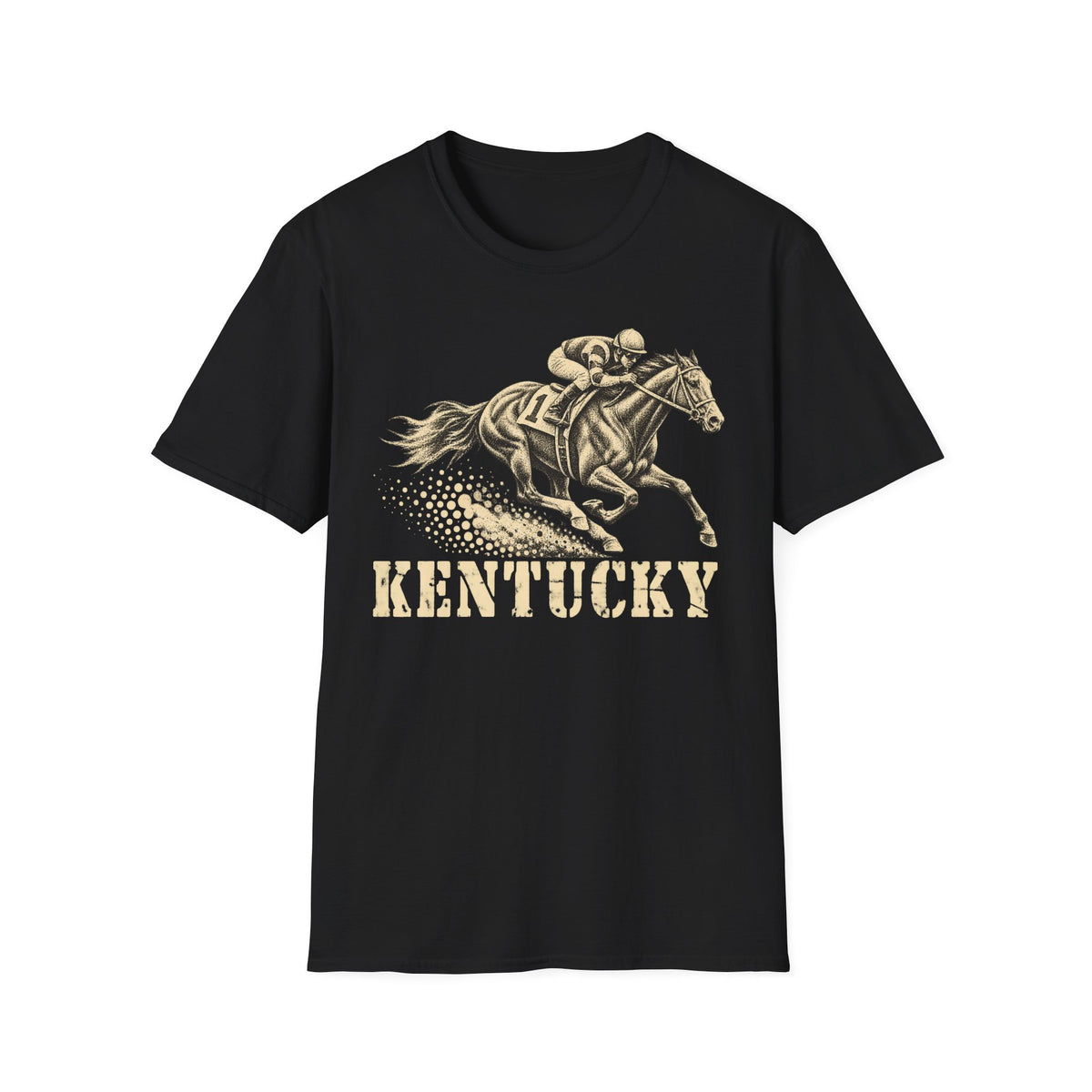 Black t-shirt with jockey on galloping racehorse and 'KENTUCKY' graphic print