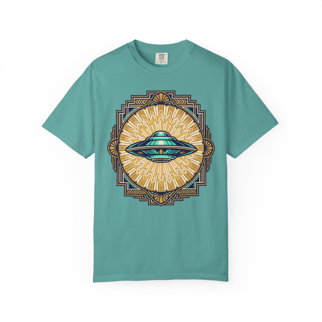 Teal T-shirt with central UFO graphic in blue and gold sunburst design