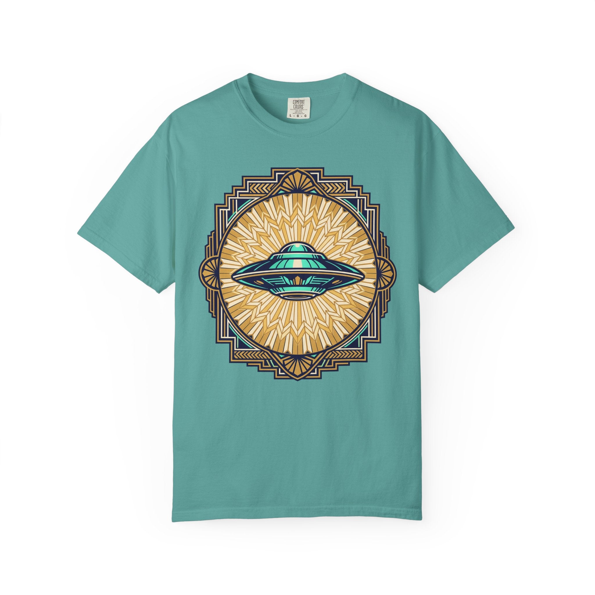Teal T-shirt with central UFO graphic in blue and gold sunburst design