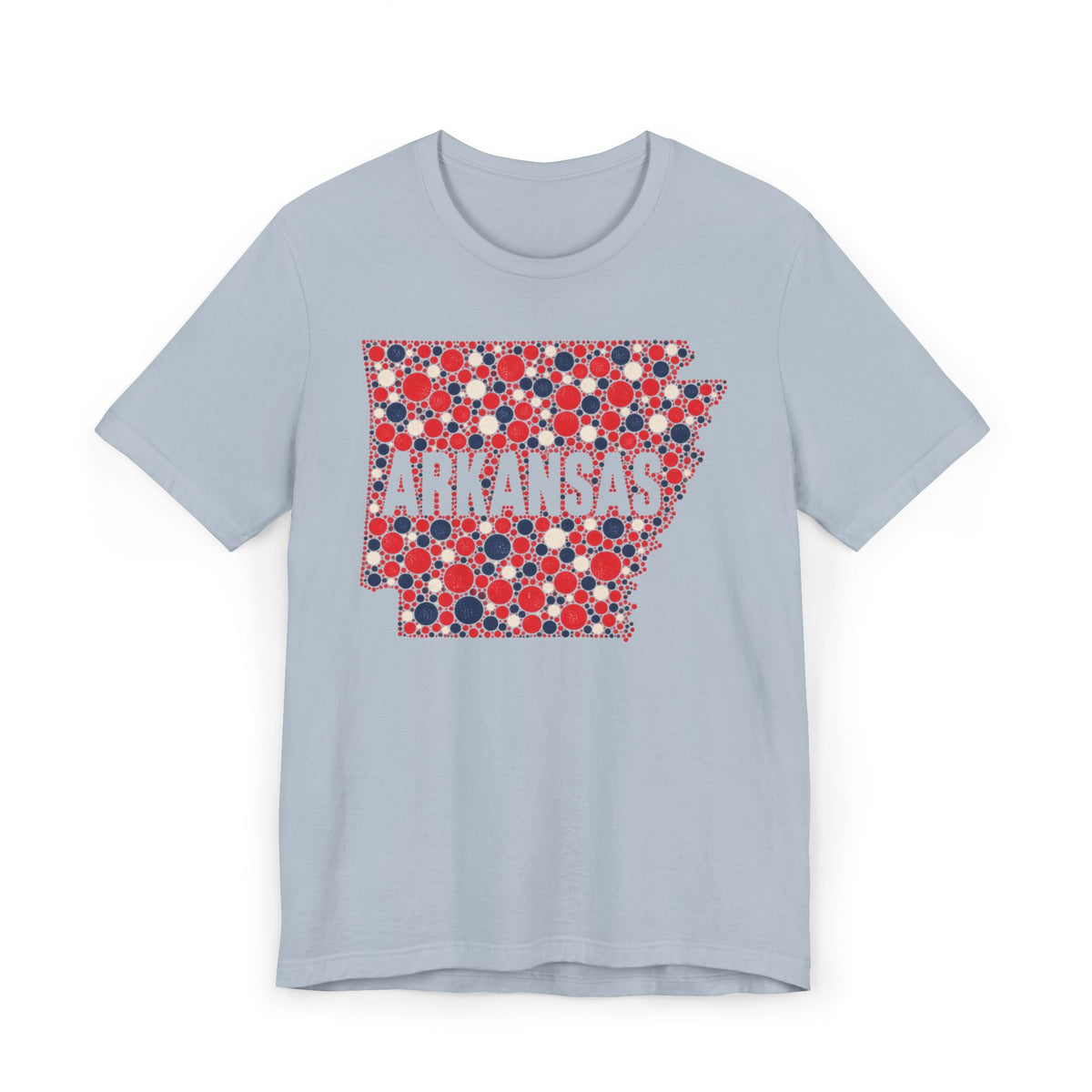 Light blue T-shirt with red and blue floral dot Arkansas outline graphic