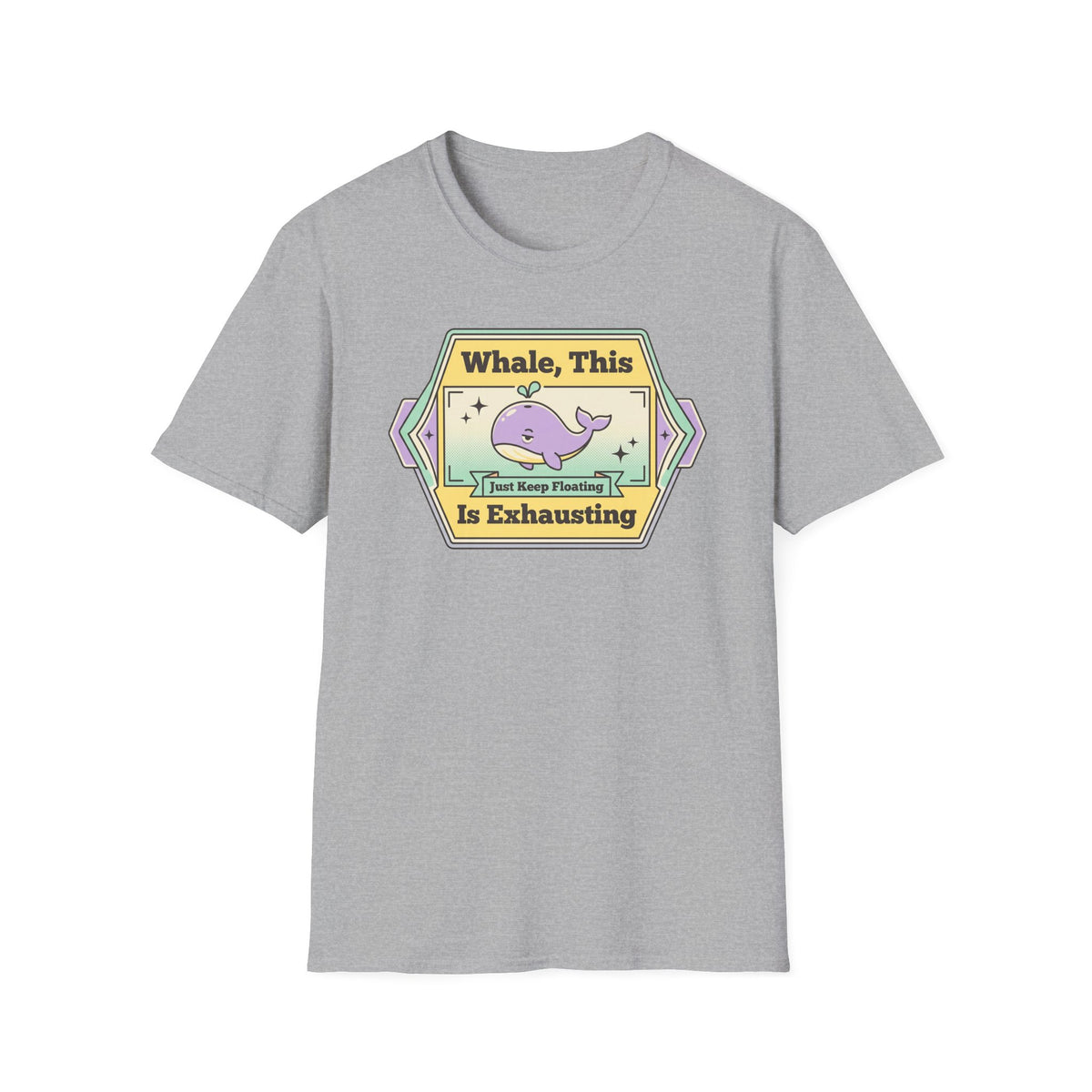 Light gray short-sleeve T-shirt featuring a colorful whale pun graphic