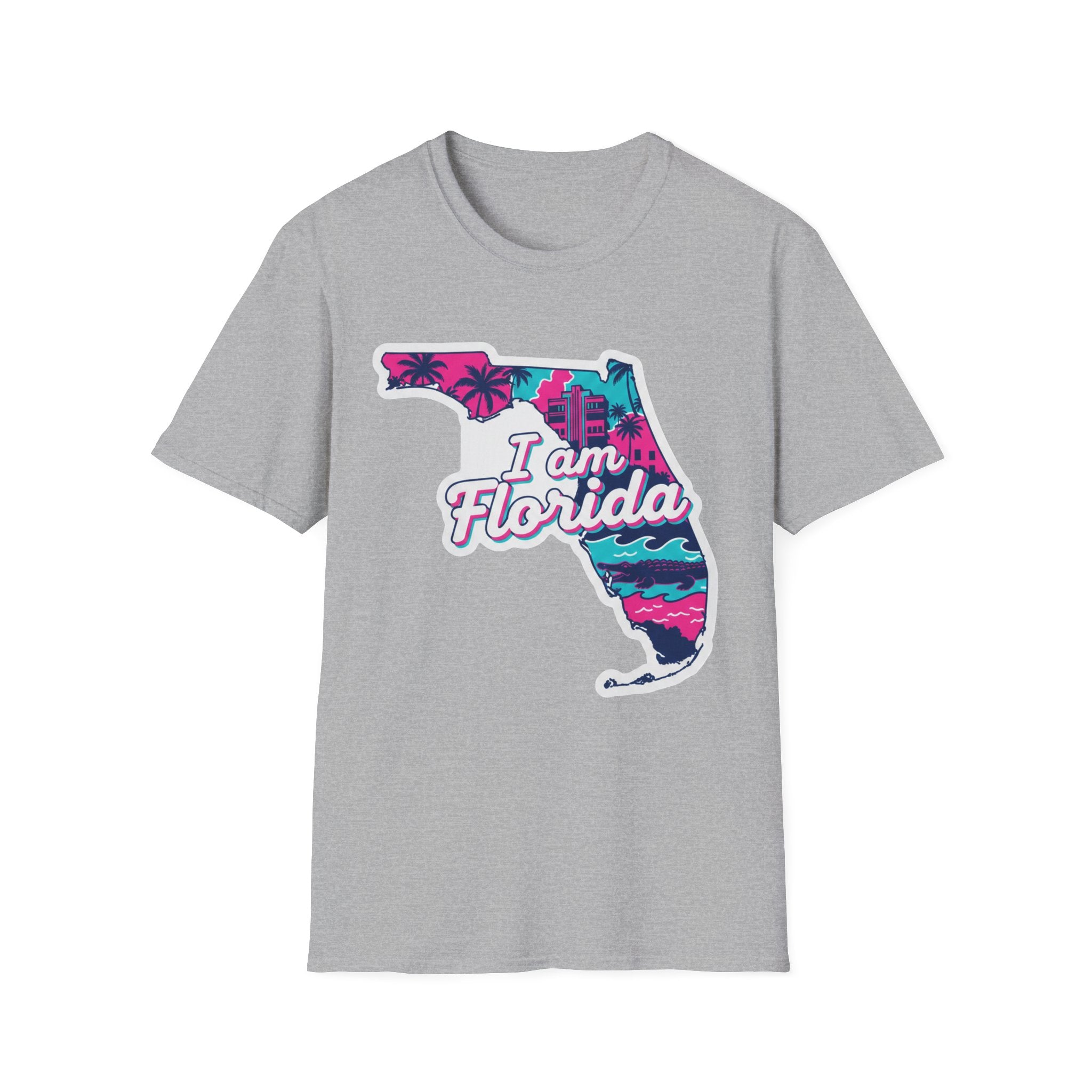 Florida T-Shirt „I am Florida“ Retro-Karte mit Palmen, Sport Grey