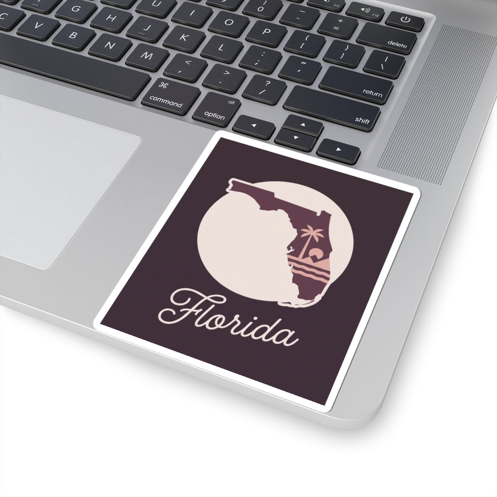 Florida silhouette vinyl decal sticker, mauve square with cream state and 'Florida' script