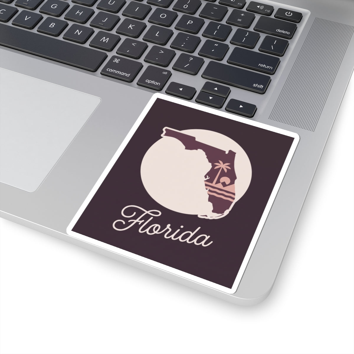 Florida silhouette vinyl decal sticker, mauve square with cream state and 'Florida' script