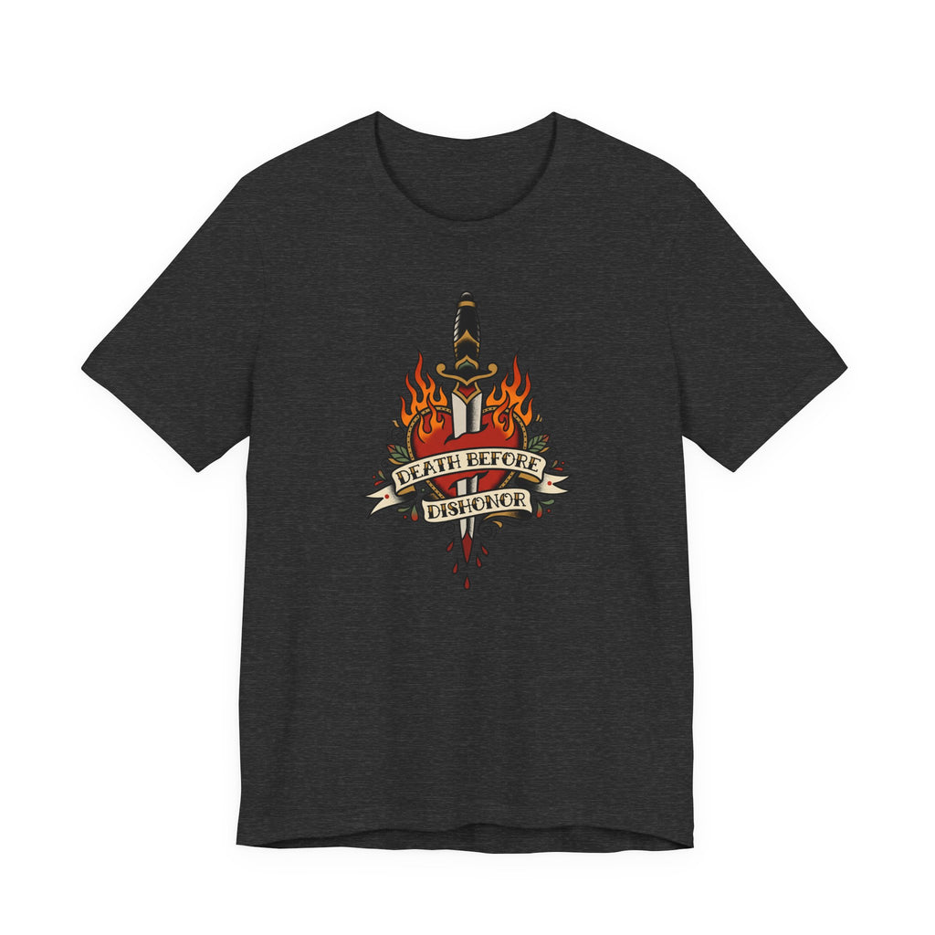 Dark T-shirt with flaming dagger and banner graphic at center front