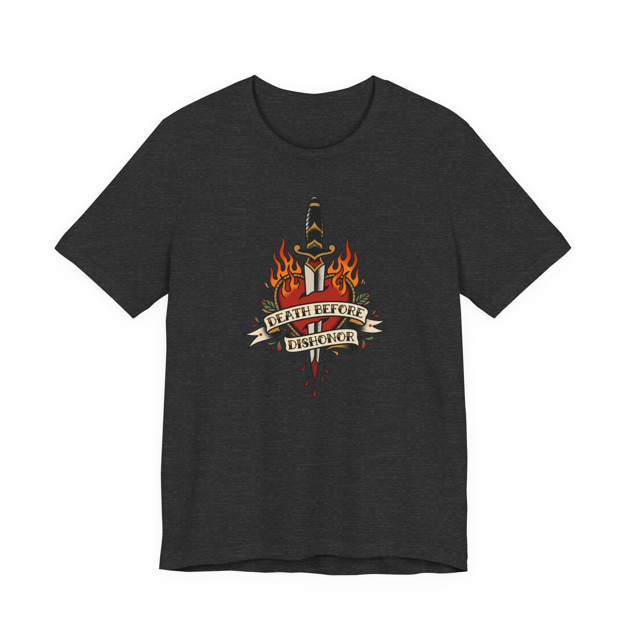 Dark T-shirt with flaming dagger and banner graphic at center front