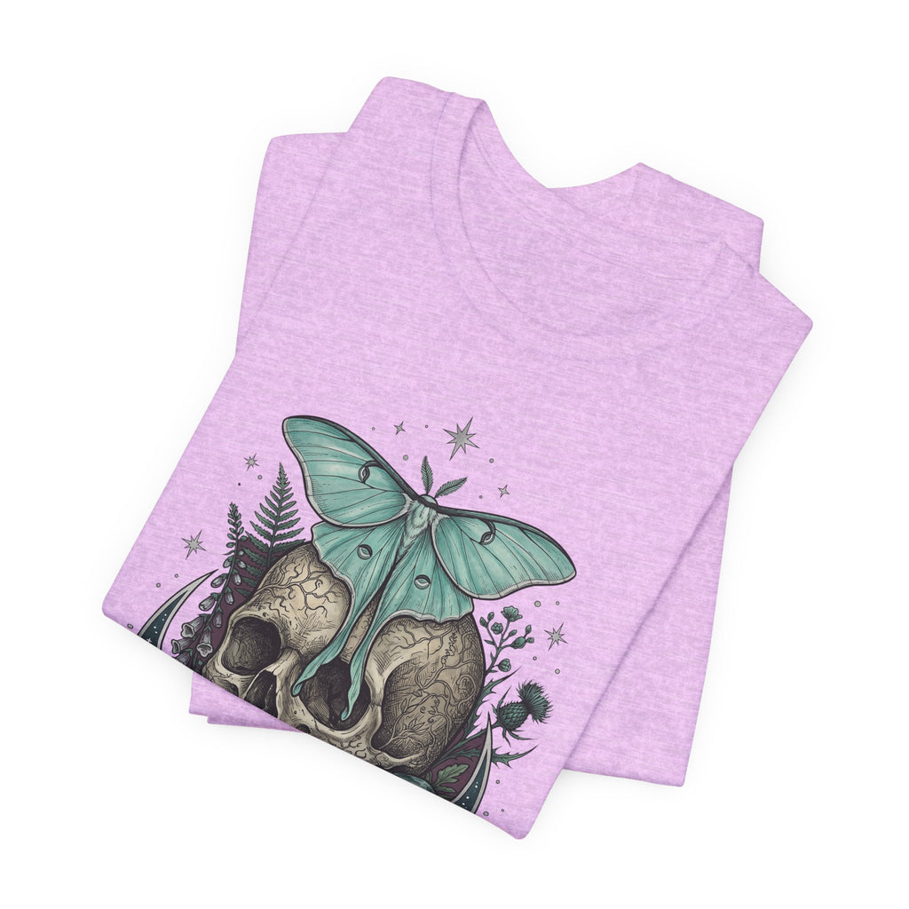 Purple heather T-shirt with teal moth and skull graphic on the front