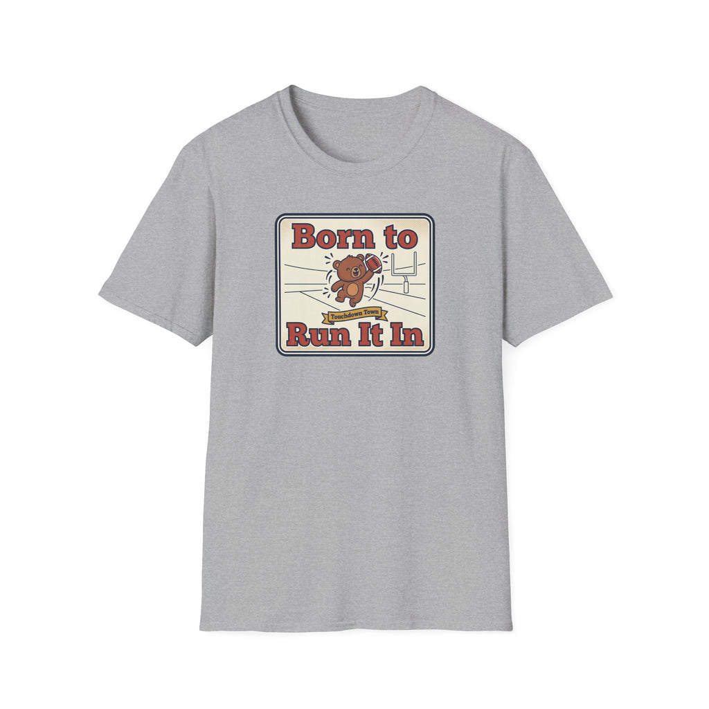 Sport grey T-shirt with 'Born to Run It In' bear running graphic