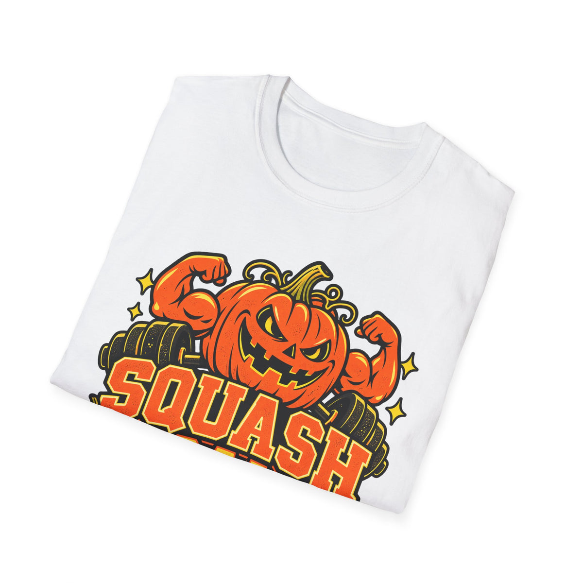 White Halloween gym t-shirt with pumpkin graphic and “SQUASH GOALS” typography