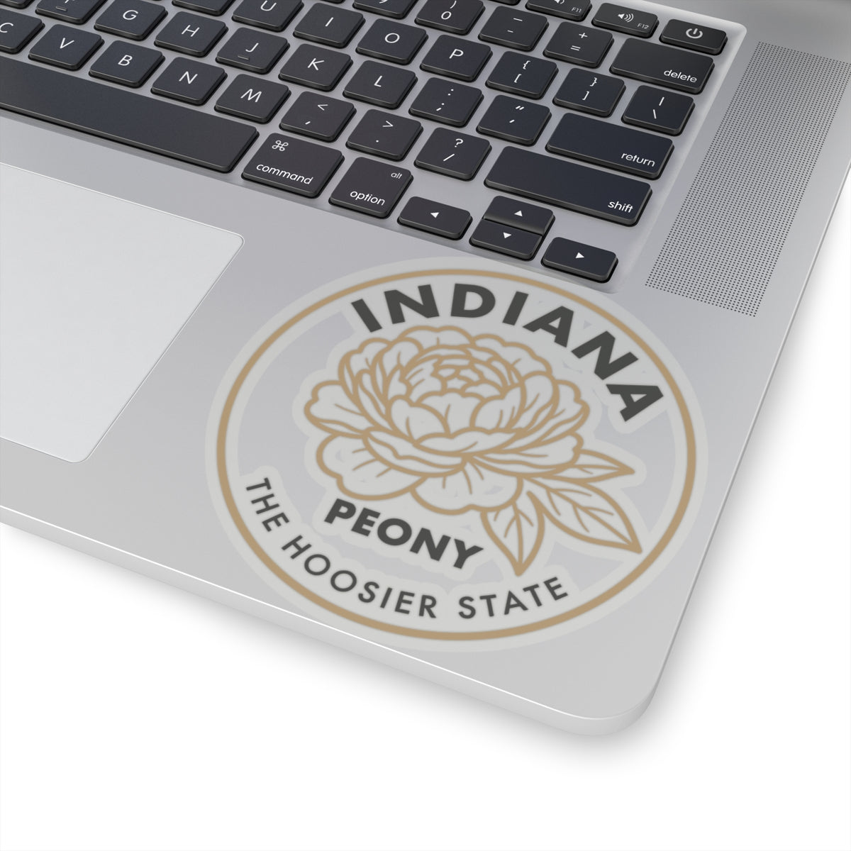 Peony transparent vinyl decal on laptop lid with 'INDIANA' and 'THE HOOSIER STATE'
