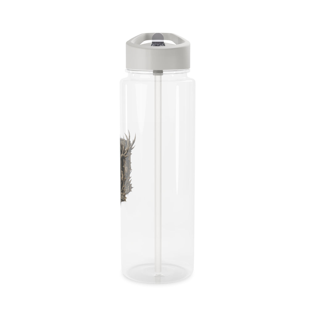 Transparent plastic water bottle with silver flip-top cap, side logo on the bottle