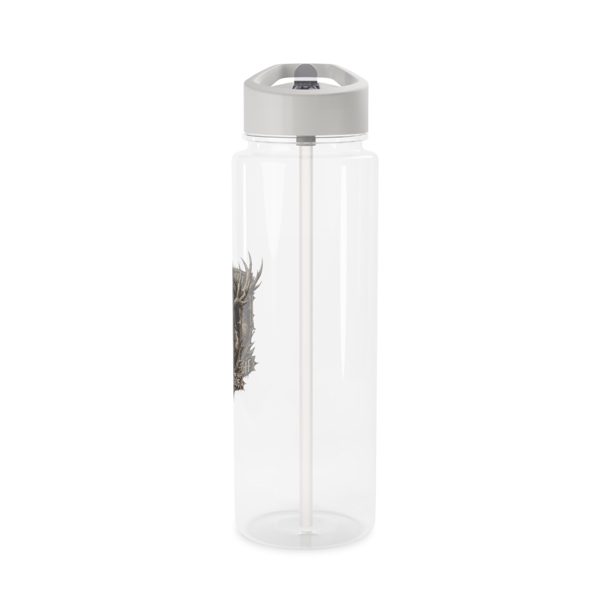 Transparent plastic water bottle with silver flip-top cap, side logo on the bottle
