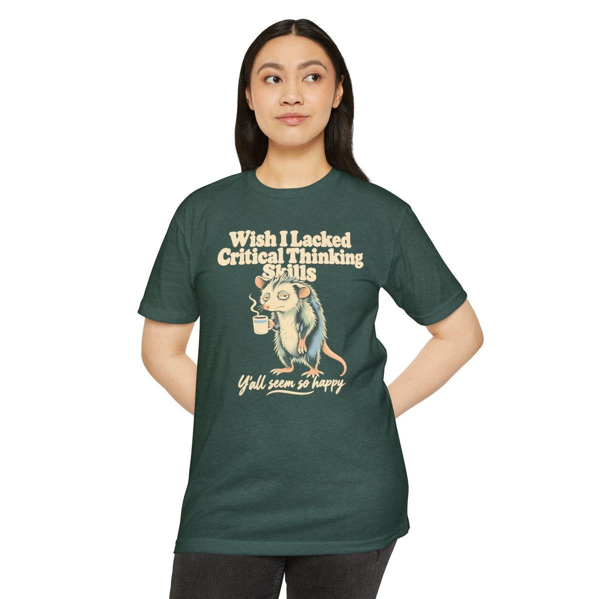 Short-sleeve T-shirt in deep green with opossum holding coffee and printed slogan